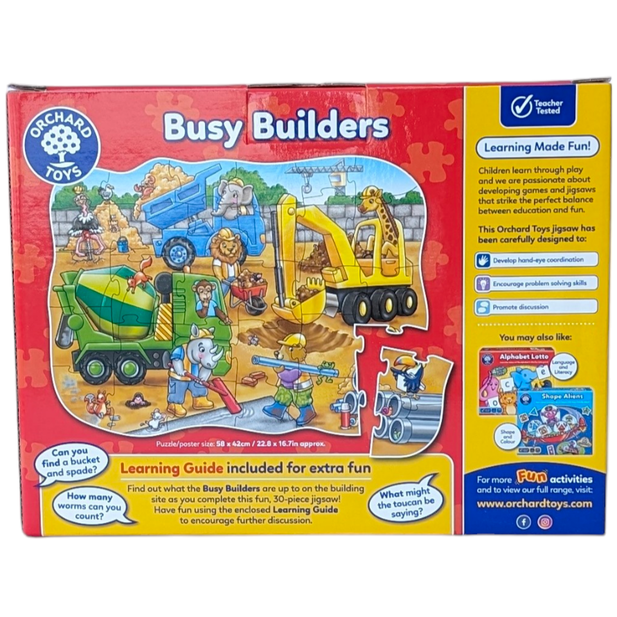 Orchard Toys, Busy Builders - 30 Piece Puzzle, Cognitive & Motor Skills Development, Find out what the Busy Builders are up to on the building site as you complete this fun scene. This 30-piece shaped jigsaw is perfect for little people with an interest in big construction, featuring a digger, tipper and cement mixer along with lots of quirky characters and funny events happening in the scene to spot and discuss.

A bright and colourful poster is also included, with lots to see and talkabout! PLUS a learnin