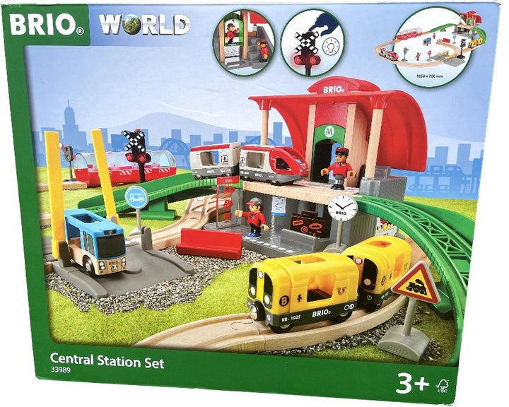 BRIO, Central Station Set, Cognitive & Motor Skills Development, Grab your ticket and get ready to depart for a new railway adventure with the 33989 Central Station Set. Start your journey in this classic toy train set at the large central station, where passengers can choose to take the lift or stairs to transfer between bus and train routes.

Then travel around the wooden tracks on board the red travel train or the yellow metro train. There’s also plenty of railway accessories to add to the play.