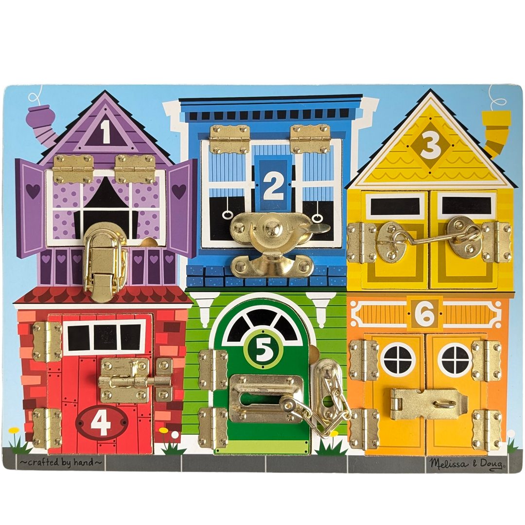 Melissa & Doug, Latches Board, Cognitive & Motor Skills Development, Which animal friends are hiding behind the colorful doors? Undo a lock or latch, swing open the numbered door or window, and count on finding fun when the animal picture beneath is revealed. The Melissa & Doug Latches Board for toddlers is made from smooth-sanded, solid-wood material that features different kinds of latches sized just right for little hands. The windows and doors open up to reveal fun surprises 