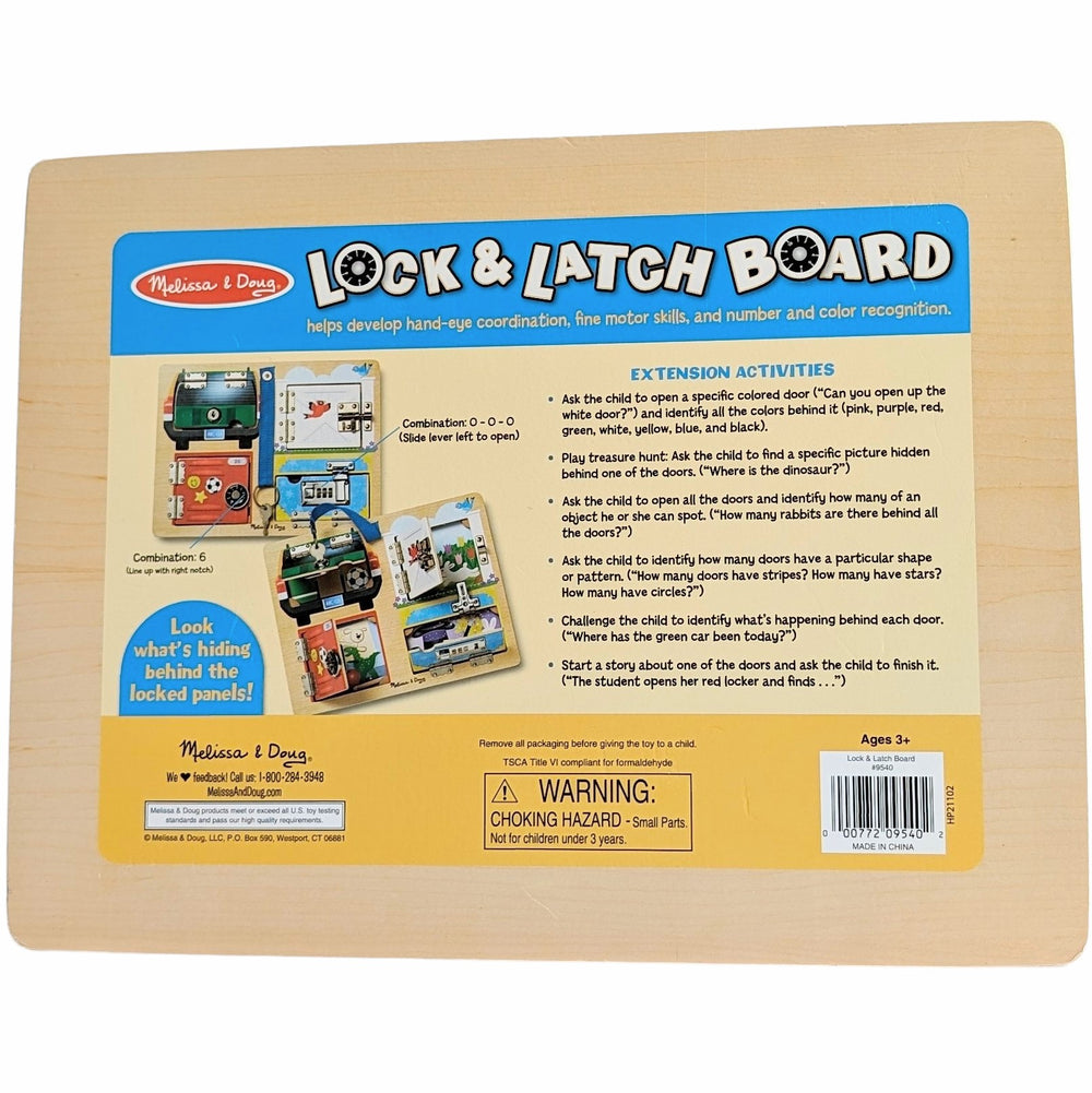 Melissa & Doug, Lock & Latch Board, Cognitive & Motor Skills Development, Unlock, unlatch, open the hinged panels, and count on finding fun when the pictures beneath are revealed! Kids will delight in discovering what's hiding behind the locked and latched panels on this wooden play board and educational toy in one. They can seek out a specific picture, race to open and close the doors, or tell a story inspired by what they find. A great way to build fine motor skills and hand-eye coordination