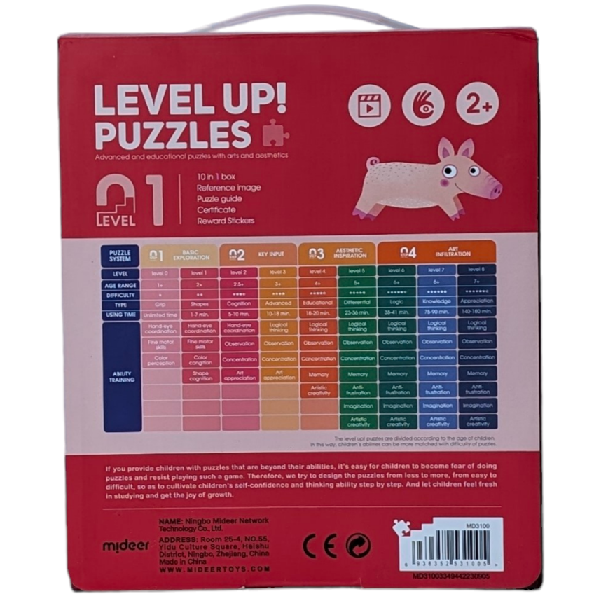 Mideer, Level Up Level 1 Puzzle - 10 in a Box, Cognitive & Motor Skills Development, mideer Level Up! Puzzles series have 8 levels in total. The number of puzzle pieces increases level by level to fit kids' intellectual development and activate kids' brains in all aspects. Pictures start from a single animal to complex scenes to enhance the kids' cognition step by step. Spark kids' imaginations through various painting styles of art. Smooth & burr-free edges encourage safe hands-on play & learn. 

Level 1