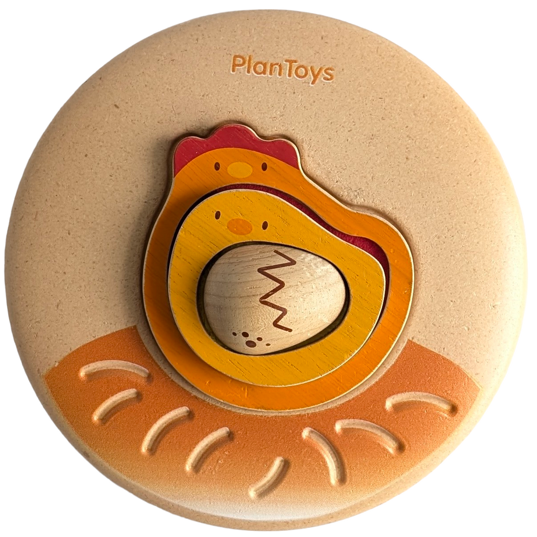 PlanToys, Chicken Puzzle, Cognitive & Motor Skills Development, Enjoy with this chicken theme puzzle! This puzzle helps kids learn about a chicken’s life cycle as well as encourages problem solving and fine motor skills.

This puzzle consists of 4 pieces including the puzzle mat and has a puzzle on both sides

Each piece has a different texture for sensory play

The puzzle is 3D and has more than one way to solve

Sustainably made in Thailand using chemical-free rubberwood, formaldehyde-free glue, organic p