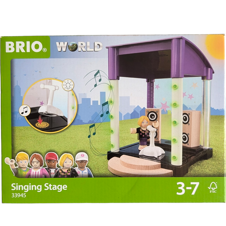 BRIO, Singing Stage, Social & Emotional Development, Pre-Assembled Singing Stage with sound and light effects. Includes microphone character and wooden speakers. Village is a NEW theme within the BRIO World concept – filled with play values and experience