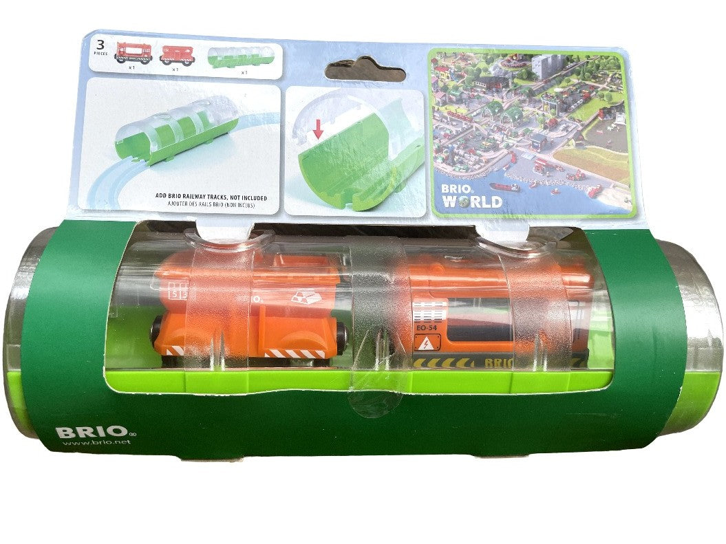 BRIO, Cargo Train and Tunnel, Cognitive & Motor Skills Development, This toy train engine goes up and down hills and through valleys to deliver the cargo to any harbour or transport hub in BRIO World. There’s even room for an engine driver on-board too. The clever packaging around the Travel Train also transforms into a stylish see-through tunnel – just place it into any BRIO World wooden railway track and off you go. Happy hauling!