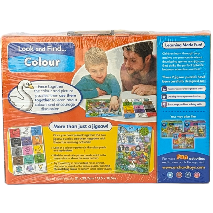 Orchard Toys, Look and Find Colour Puzzle, Cognitive & Motor Skills Development, After piecing together both the puzzles, children can use them together by matching the items shown on both to encourage them to identify shapes and patterns. This activity also helps to develop matching, discussion and observational skills, with collaboration between parent/adult and child.

Children will love piecing together the colourful scene in this fun jigsaw puzzle, which helps make learning colours fun!