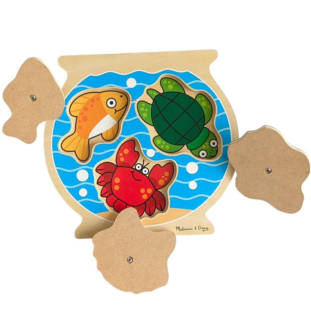 Melissa & Doug, Fishbowl Jumbo Knob Wooden Puzzle, Cognitive & Motor Skills Development , Three content tenants live in a charming fishbowl where you can play puzzles. The fish, turtle, and crab in this extra-thick three-piece wooden puzzle all have large wooden knobs that are simple to hold. Matching, full-color images are displayed beneath every component. An excellent exercise to improve visual perception and hand-eye coordination.