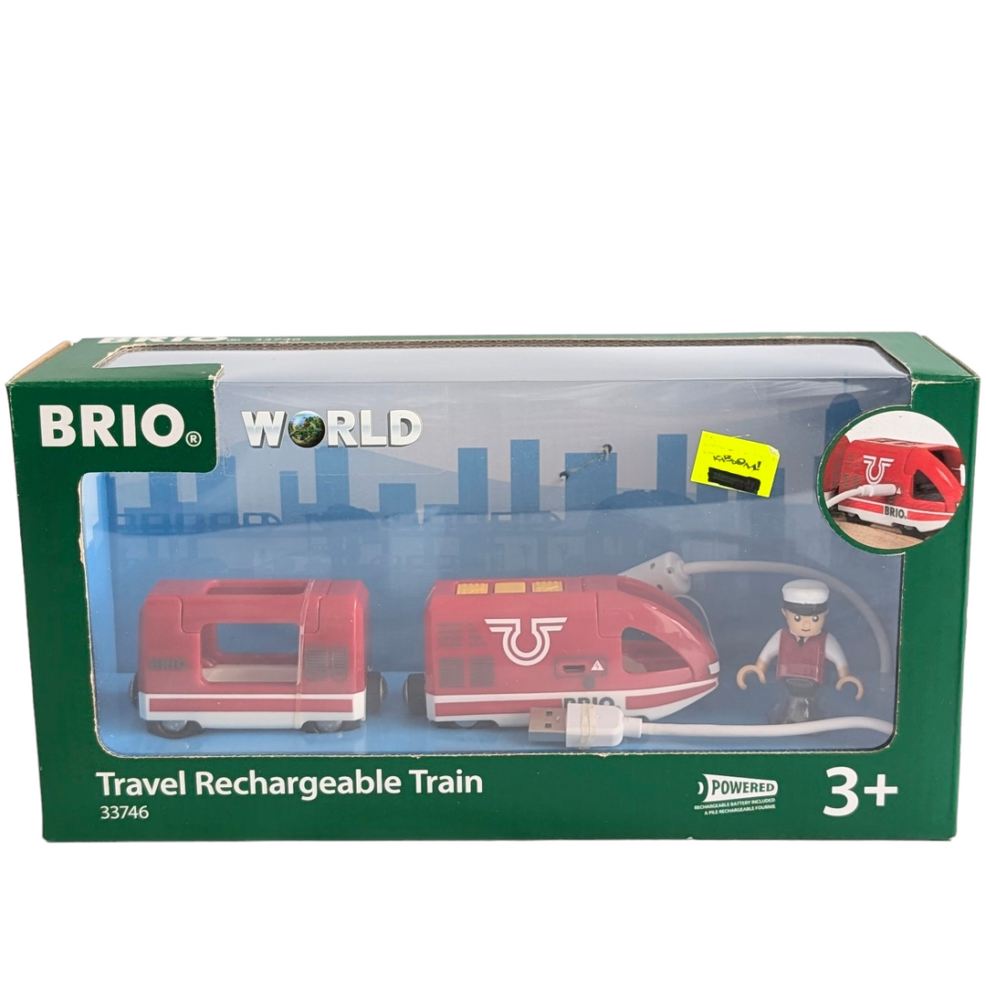 BRIO, Travel Rechargeable Train, Cognitive & Motor Skills Development, Long train running With this rechargeable train there's almost no end to the fun. With this rechargeable train the fun never needs to end. This modern-design train comes with a USB to mini-USB charging cable perfect for renewable play on the go. Also included in the set is a conductor play figure who makes sure the train arrives and departs on time. The conductor has moveable arms and legs and can be positioned to stand or sit. 