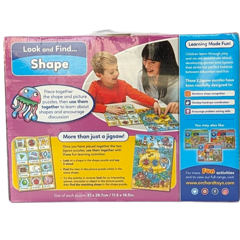 Orchard Toys, Look and Find Shape Puzzles, Cognitive & Motor Skills Development, Two colourful activity jigsaws in one box, perfect for ages 3 and over! children can use the shapes puzzle to learn and identify a variety of different shapes. They can then find matching shapes in the fun underwater animal scene. As well as developing shape recognition, these chunky puzzles encourage observation and children will enjoy looking at what is happening in the beautifully illustrated animal scene.