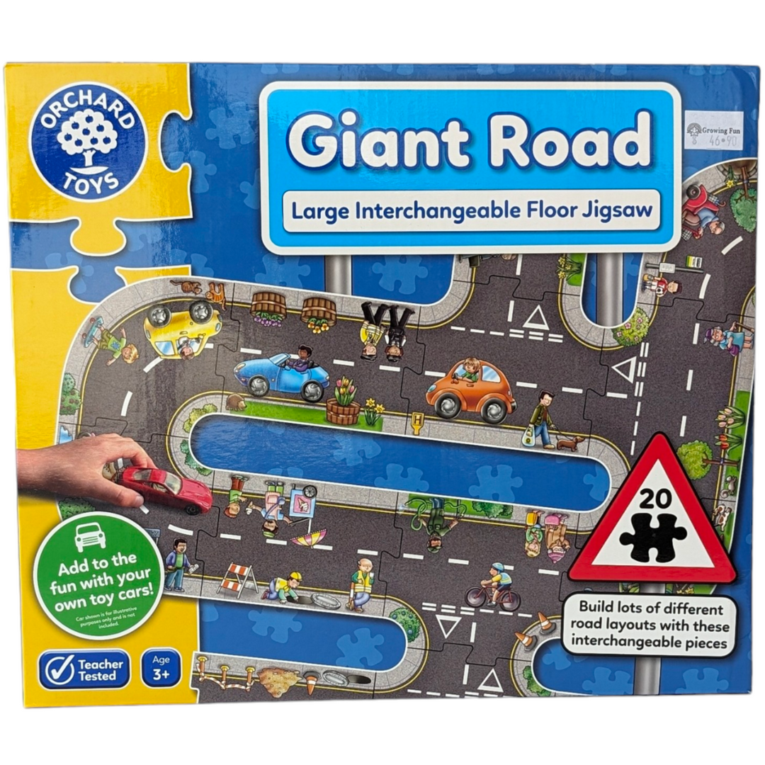 Orchard Toys, Giant Road - Large Interchangeable Floor Puzzle, Cognitive & Motor Skills Development, Giant Road is so much more than just a jigsaw! Design lots of different road layouts using the 20 chunky, interchangeable pieces of this road-themed jigsaw, which can also be used to teach children about road safety. You can also add to the fun with your own favourite toy cars and characters! 