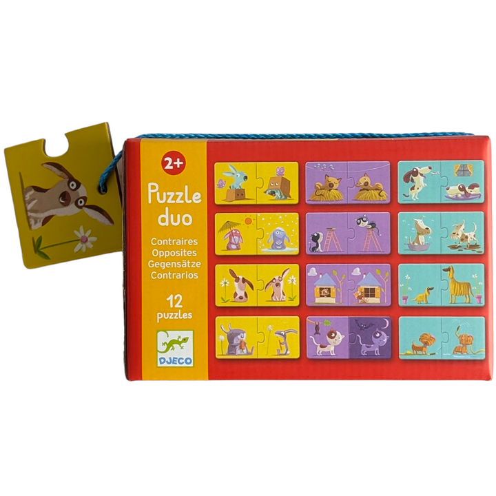 Djeco, Puzzle duo, Cognitive & Motor Skills Development, A toddler’s first puzzle, help the pets find their match; 12 2-piece puzzles, with pieces big enough for little hands
Beautifully illustrated and visually appealing, made from a sturdy cardboard that resists scuffing, bending and tearing; a great travel item