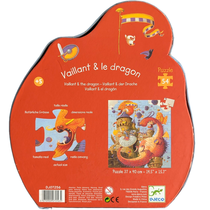 Djeco, Vaillant & The Dragon - 54 Pieces, Cognitive & Motor Skills Development, The particularly beautifully designed Shape Puzzles from Djeco are particularly impressive in their packaging, which reflects the shape of the respective puzzle motto. The size of the puzzle pieces and the themes are age-appropriate and promote fine motor skills as well as the child's stamina and memory. Size when laid out with 54 pieces: approx. 40 x 37 cm.