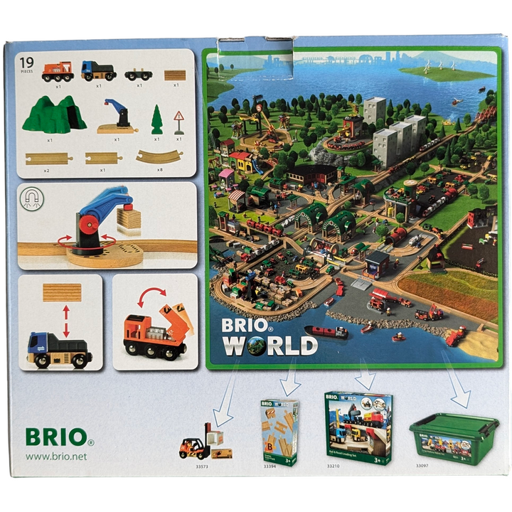 BRIO,Starter Lift & Load Set, Creative & Imaginative Play, Everyone on board This new lift and load beginning set will help you build your first BRIO World. The layout is jam-packed with mechanical toys, including a truck, waggon with load, pop-up hood engine, grab crane, and little mountain to thunder through. Using the crane, remove the goods from the truck toy, spin it around, and put it onto the train. functions well with every product in BRIO World.