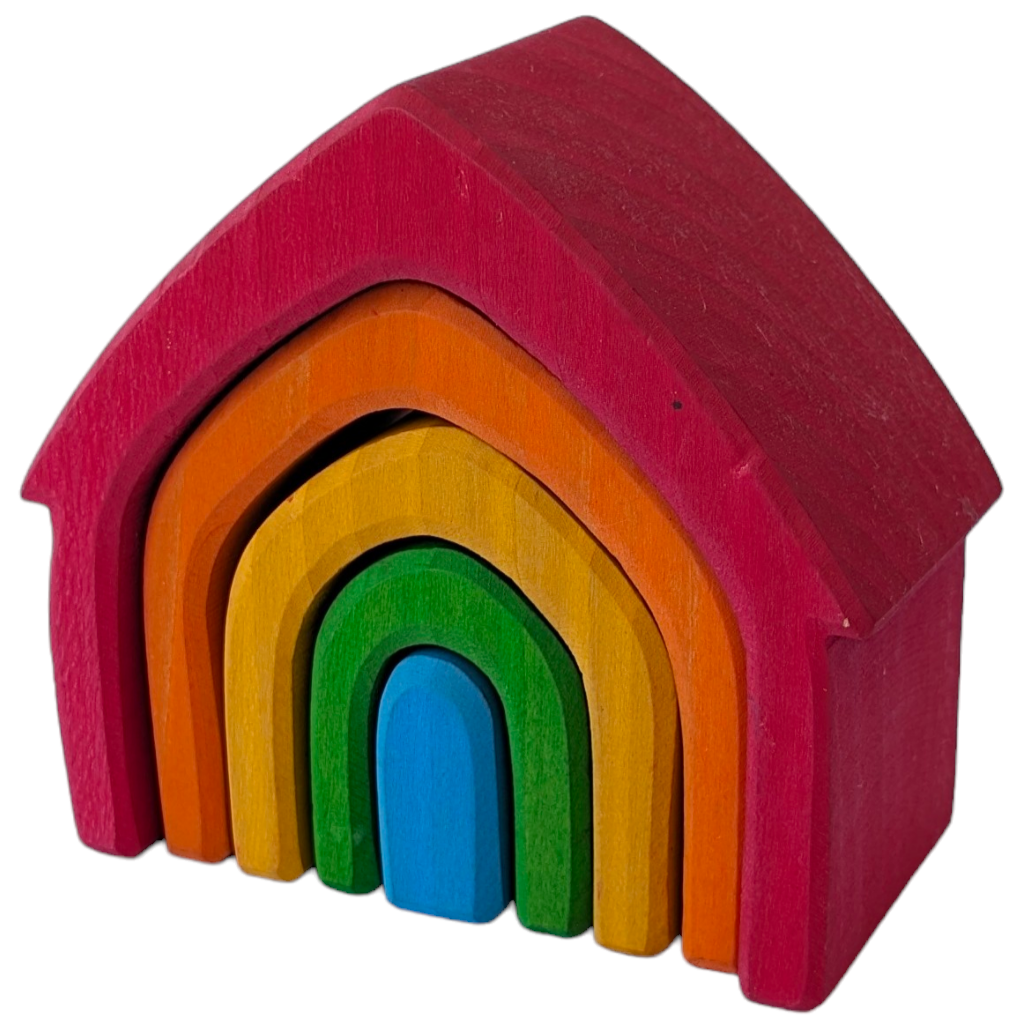 Grimms, Rainbow House, Creative & Imaginative Play, This gorgeous wooden house set will become a firm favourite in your playroom. It comprises 5 little houses, each a different shade of the rainbow, carved from a single piece of lime wood and naturally stained using non-toxic, water-based colour.  This natural finish allows the grain of the wood to shine through and ensures that these house blocks are safe for young children.

Split them up and make fairy doors, tunnels for cars and pens for farm animals;