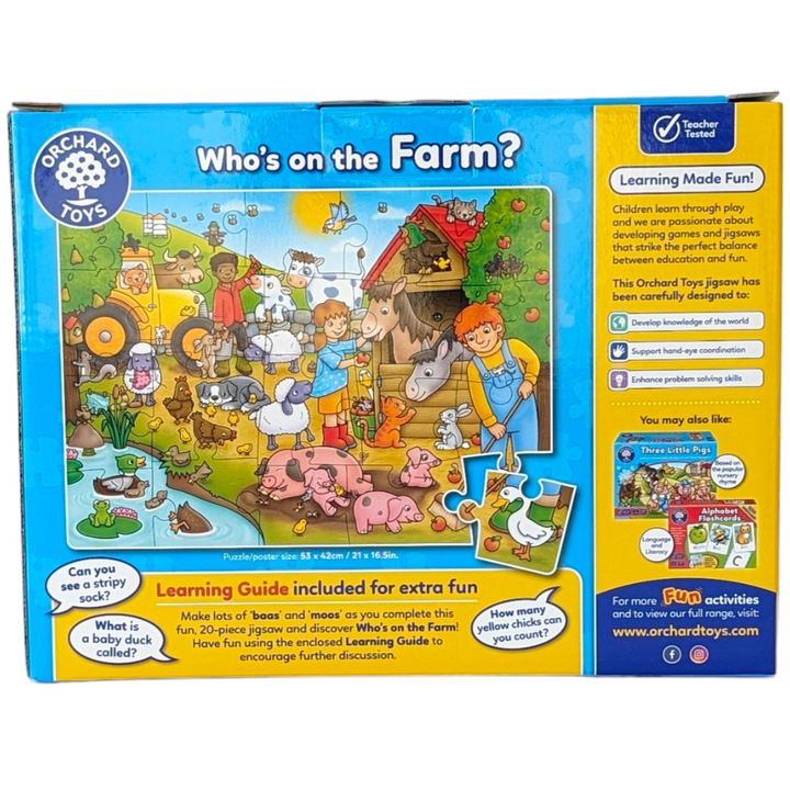 Orchard Toys, Who's on the Farm - 20 Piece Puzzle, Cognitive & Motor Skills Development, This fun 20-piece jigsaw features a busy farmyard scene with lots of animals to spot, including cows, sheep, chickens and pigs.

Who's On The Farm includes a bright poster and a fun learning guide inside, which features different discussion points to talk about and encourage observation once the puzzle has been completed such as; counting the yellow chicks