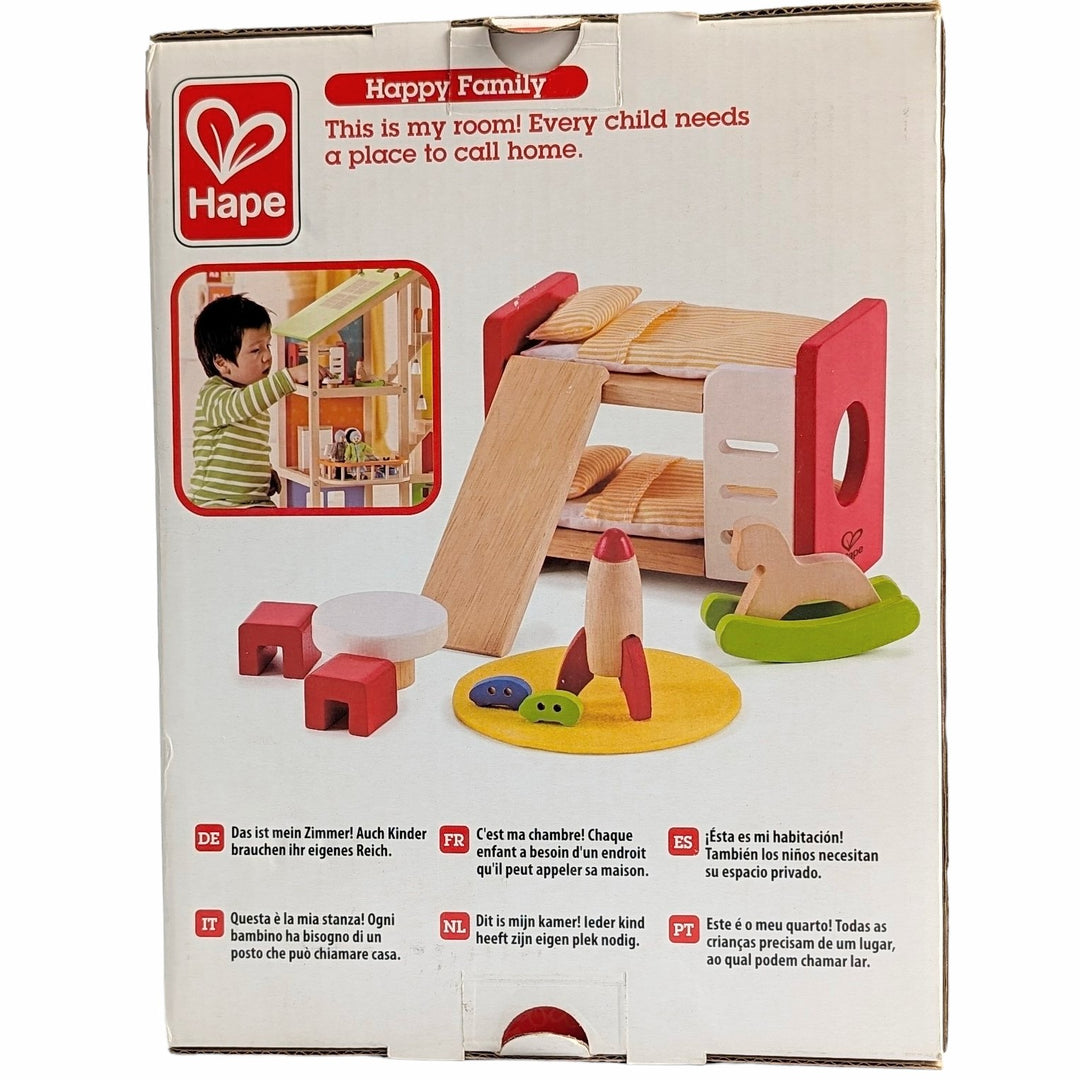 Hape, Wooden Doll House Furniture Children's Room With Accessories, Social & Emotional Development, Every child wants a cool space to call their own. With the Children's Room Doll House Furniture Set from Hape, kids can decorate their doll's room with style. This innovatively designed furniture set features a bunk bed, a table and two chairs, and several toys, including rocket ship to keep doll children entertained. 