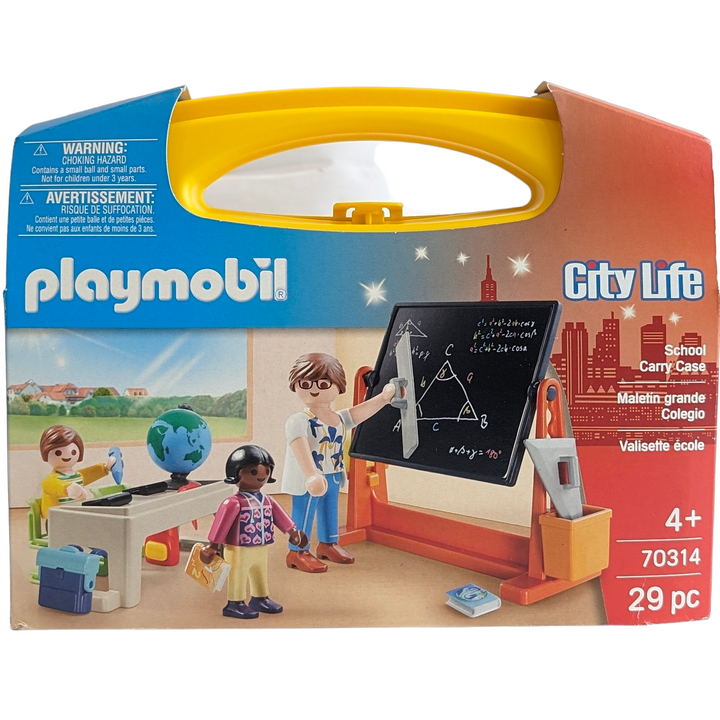 Playmobil, City life school carry case, Social & Emotional Development, Take-along learning fun with the School Carry Case. The travel-friendly playset features a swivelling blackboard, which can be written on using the included pencil. The writing can then be erased using the included sponge. The playset is complete with three figures, furniture and accessories.