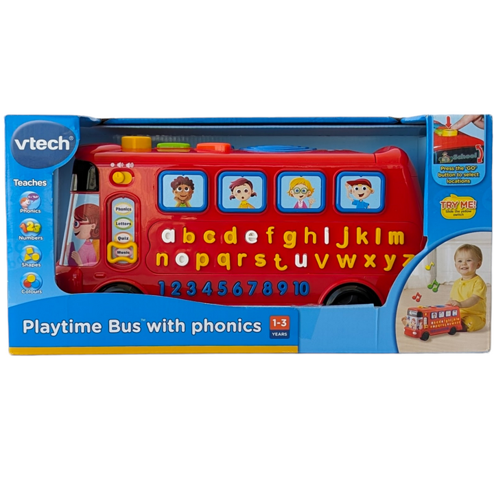 VTech, Playtime bus with Phonics, Sensory & Language Development, Interactive talking bus teaches phonics, letter names and numbers through 4 modes of play. Select your destination from the school, zoo or train station to hear a sing-along song or fun phrase. Chunky buttons on the top of the bus call out shapes while the smiling passengers say funny phrases when pressed. Features a wide selection of musical melodies in various styles and fun sound effects including horn, brake and accelerator!