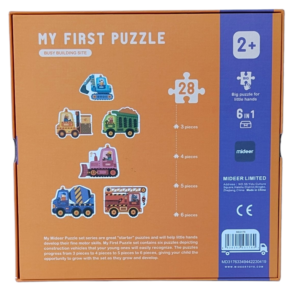 Mideer, My first Puzzle - Busy Building Site, Cognitive & Motor Skills Development, Introduce your little builder to the exciting world of construction with the "Mideer My First Puzzle - Busy Building Site." Perfect for toddlers aged 2 and up, this 6-in-1 puzzle set features vibrant, engaging artwork of construction vehicles, each puzzle designed to captivate and educate young minds through play.