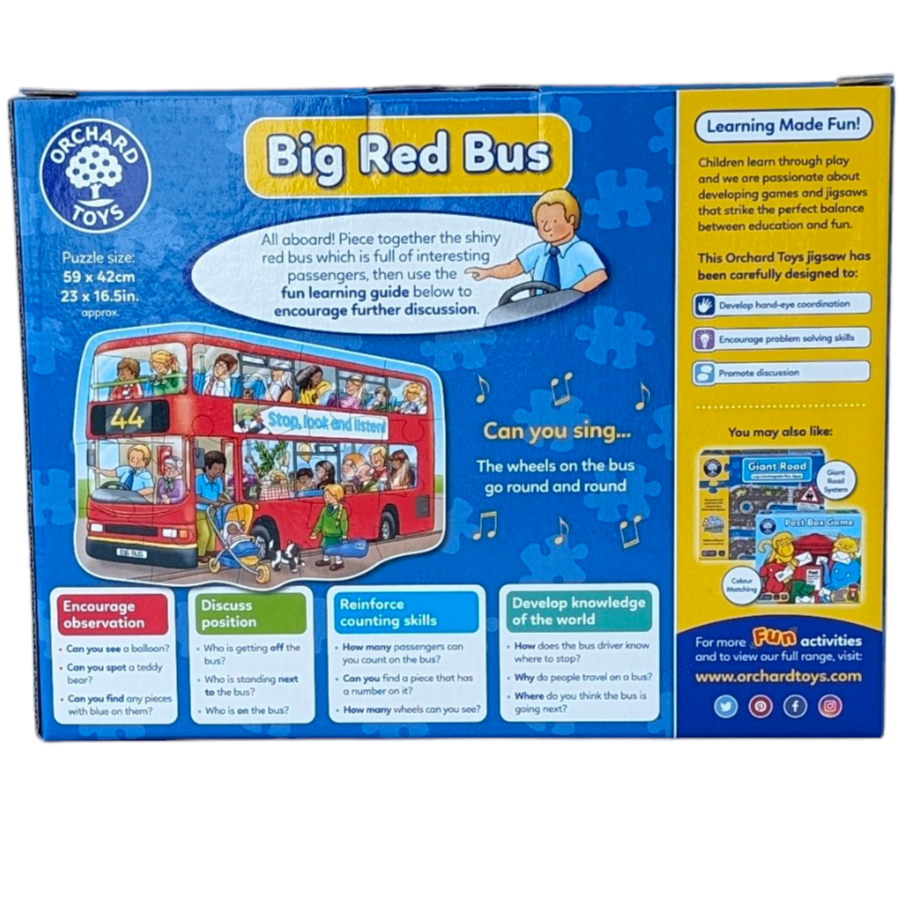 Orchard Toys, Big Red Bus - 15 Piece Puzzle, Cognitive & Motor Skills Development, All aboard this big red bus! A bright and colourful puzzle with lots of interesting passengers to observe and talk about.

Big Red Bus includes a fun learning guide on the back of the box, which features different discussion points to talk about once the puzzle has been completed. This includes questions to encourage observation, develop counting and discuss position e.g. How many wheels can you see? Who is getting off the bu