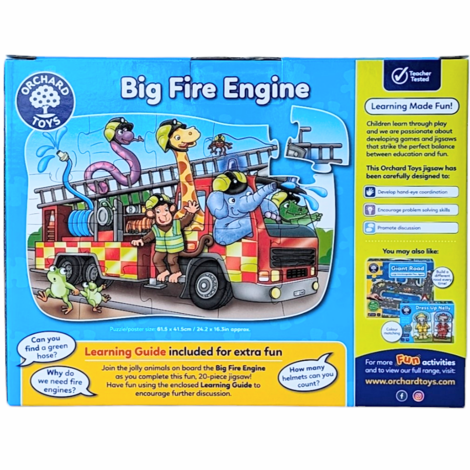 Orchard Toys, Big Fire Engine - 20 Piece Puzzle, Cognitive & Motor Skills Development, Join the jolly animals on board the Big Fire Engine as you complete this fun, 20-piece jigsaw! 

This 20-piece fire engine scene features a fun and quirky firefighting crew, with lots to see and talkabout! Includes a bright and colourful poster of the jigsaw plus, a learning guide to promote discussion such as finding the green hose, counting the helmets and asking why do we need fire engines? 