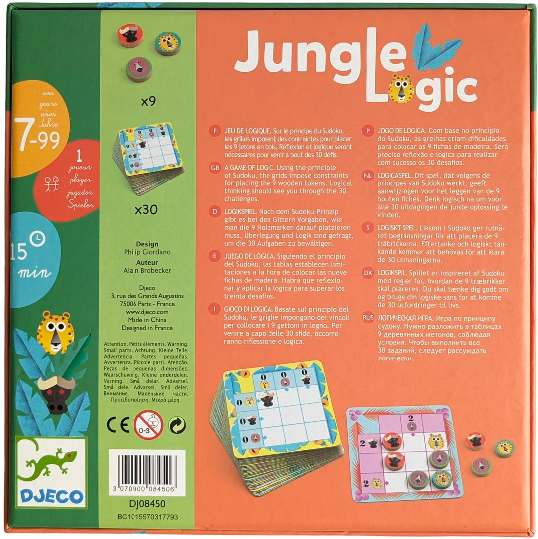 Djeco, Jungle Logic, STEM & Critical Thinking, Using the principle of Sudoku, the grids impose constraints for placing the 9 wooden tokens. Logical thinking should see you through the 30 challenges. Come up with the solution.