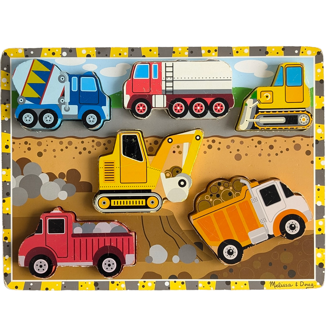 Melissa & Doug, Construction Chunky Puzzle, Digging dirt, moving earth or just driving down the road, construction vehicles are captivating. This extra thick wooden puzzle includes six easy-grasp, chunky vehicle pieces. Each vehicle has a full-color, matching picture underneath and can stand upright for pretend play. Encourages eye-hand, fine motor and creative expression skills.</p>
<p> </p>
<p> </p>