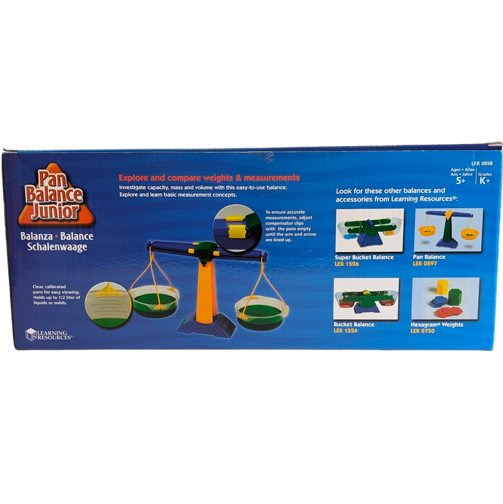 Learning Resources, Pan Balance Junior, STEM & Critical Thinking, Teach measurement with this durable plastic balance and weights. Buckets detach for easy clean up and hold up to one liter. Sliding compensator for zero adjustments provides accurate measurements.

Set includes five each of five-gram and 10-gram Hexagram weights.