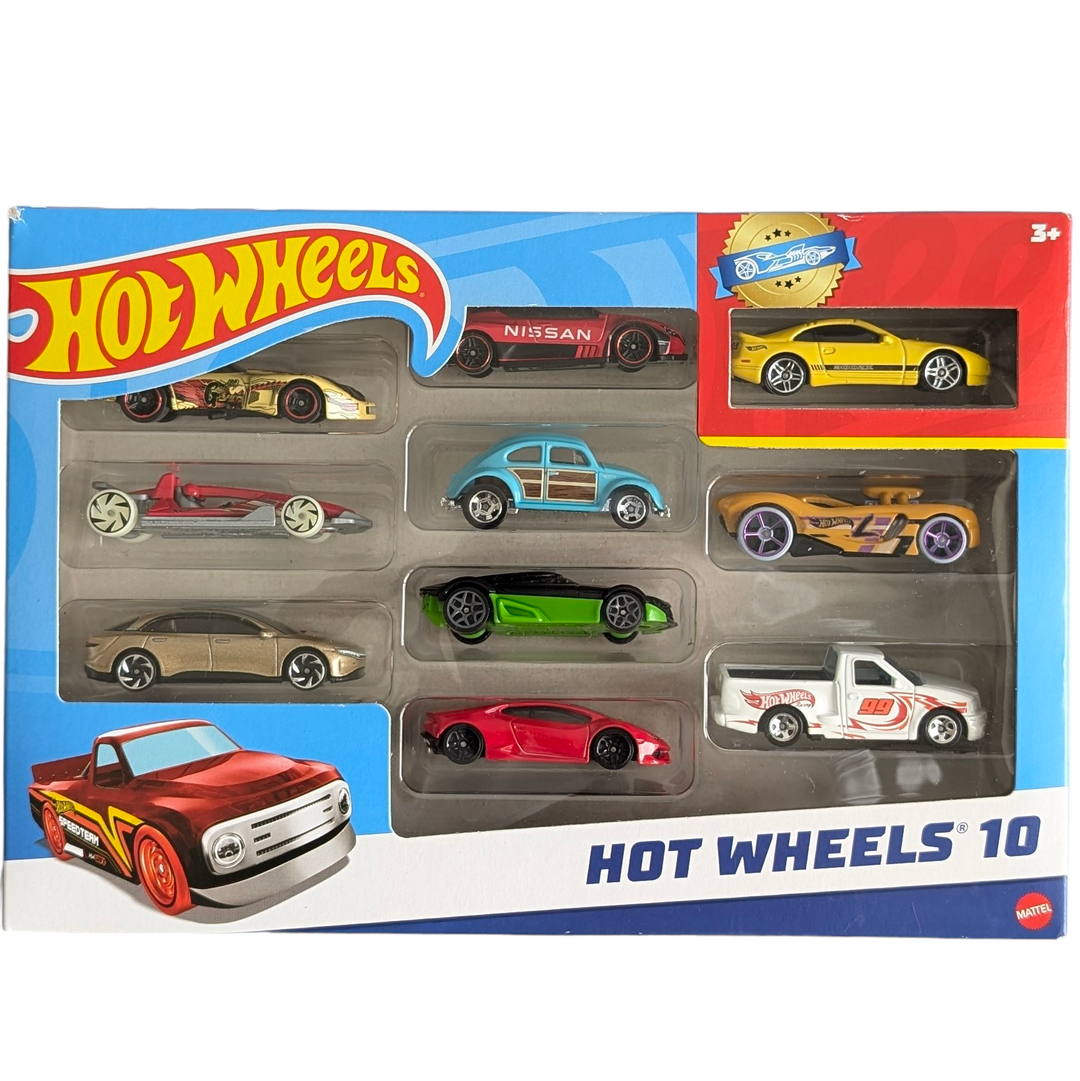 Hot Wheels, 10 Pack, Creative & Imaginative Play, This 10-Pack of die-cast race cars is perfect for accelerating a collection of extremely fast Hot Wheels vehicles. In addition to seven Hot Wheels originals, such as the El Segundo Coupe and Group C Fantasy for high-octane styling, it offers three fully licensed vehicles: a 1:64 size Corvette Greenwood, a Lamborghini Centenario Roadster, and a McLaren Speedtail. For any occasion, this multipack makes a thoughtful present. Decorations and colours can change.