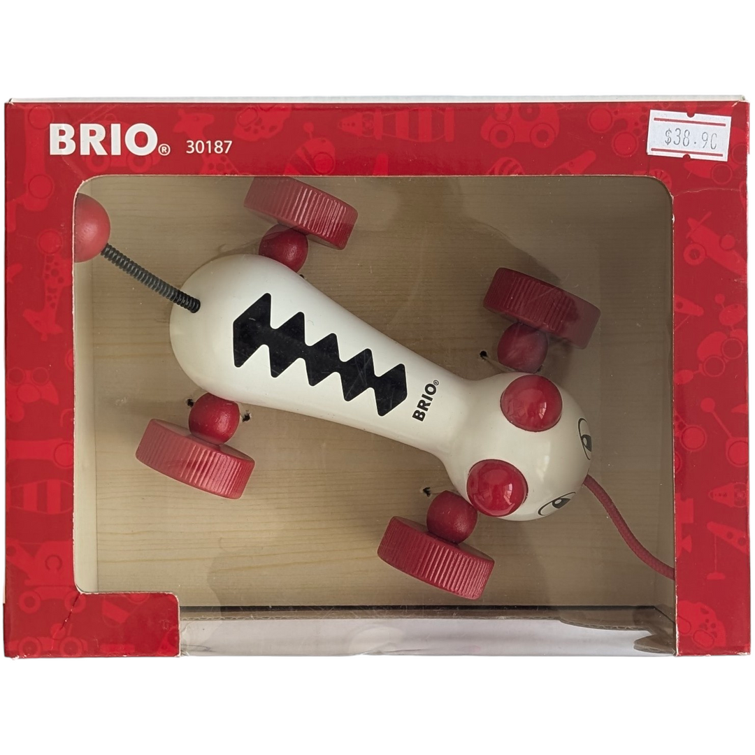 BRIO, Pull Along Cat, Cognitive & Motor Skills Development, The iconic BRIO Dachshund has a new best friend! And so do all you cat lovers out there. The Pull Along Cat is a curious fellow, rolling along with catlike movements and ready to pounce at new things to play with. Purrfect! Made of high quality material.