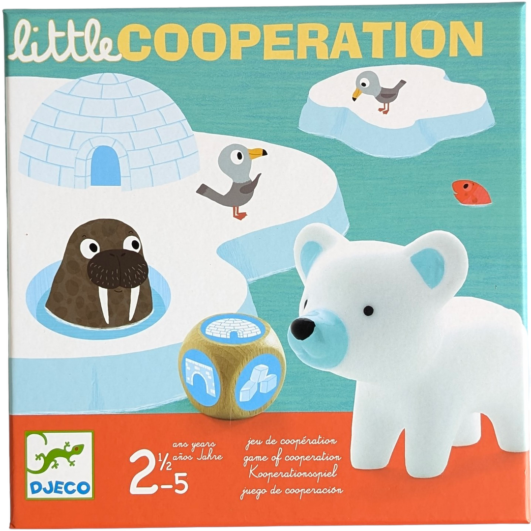 Djeco, Little Cooperation, Social & Emotional Development , to assist the small animals in returning home before dusk! The animals are put on the starting board of the ice floe. We roll the dice. In the event that the dice display the following: ice cubes: the bridge begins to melt and one of the pillars is removed; bridge: an animal moves from the ice floe to the bridge; igloo: an animal moves from the bridge to the igloo. You've won if every animal makes it to the igloo before the bridge falls!