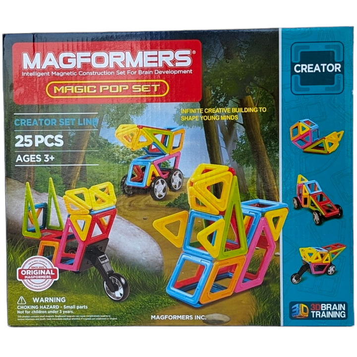 Magformers, Magic Pop Set - 25 Pieces, STEM & Critical Thinking, Magformers makes it fun! Create 36 different ideas with the new Magic Pop Set from Magformers. Each geometric shape contains magnets that never reject, so you will always hear the Magformers click. When playtime is over, use the magnetic power to simply stack and store. Your child can follow the step-by-step instructions to build animals using 6 vivid colors.