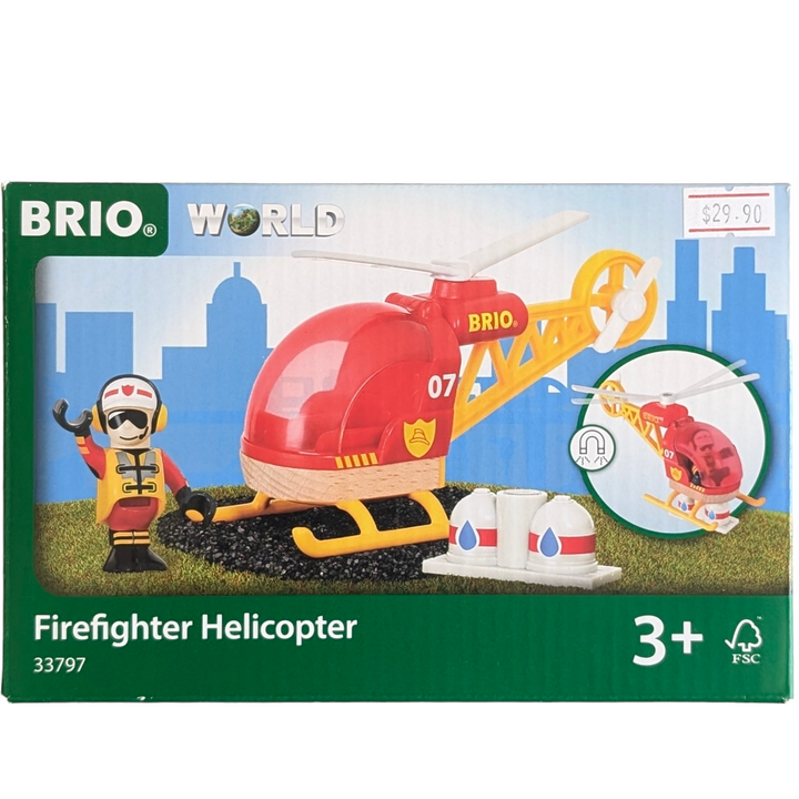 BRIO, Firefighter Helicopter, Cognitive & Motor Skills Development, Fly over the city with your firefighter helicopter and make sure all is well. Open the window door and put in the pilot. The water supply is easy to bring along with help of the magnet. A dream toy for helicoper lovers!