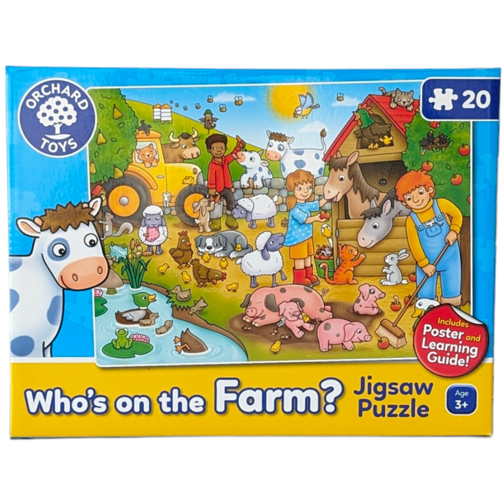 Orchard Toys, Who's on the Farm - 20 Piece Puzzle, Cognitive & Motor Skills Development, This fun 20-piece jigsaw features a busy farmyard scene with lots of animals to spot, including cows, sheep, chickens and pigs.

Who's On The Farm includes a bright poster and a fun learning guide inside, which features different discussion points to talk about and encourage observation once the puzzle has been completed such as; counting the yellow chicks