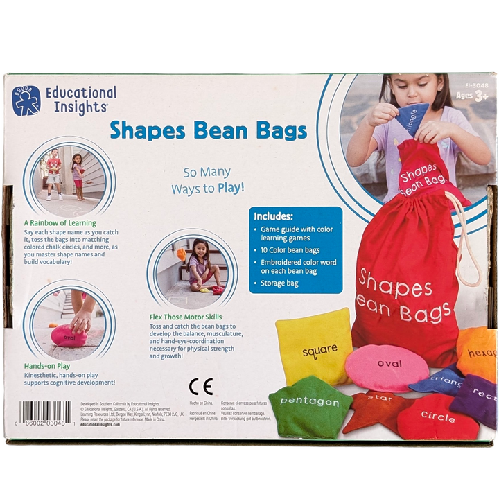 Educational Insights, Shapes Bean Bags, Sensory & Language Development , >With these vibrant beanbags, you can kinaesthetically reinforce shapes during games of throwing. Contains eight beanbags for active play that are embroidered with a shape phrase and come in various colours and shapes. provides ideas for interactive shape games in the Activity Guide. stores every component in a drawstring pouch. Little ones may easily manage the 4-5 inch diameter, lightweight washable felt bean bags.