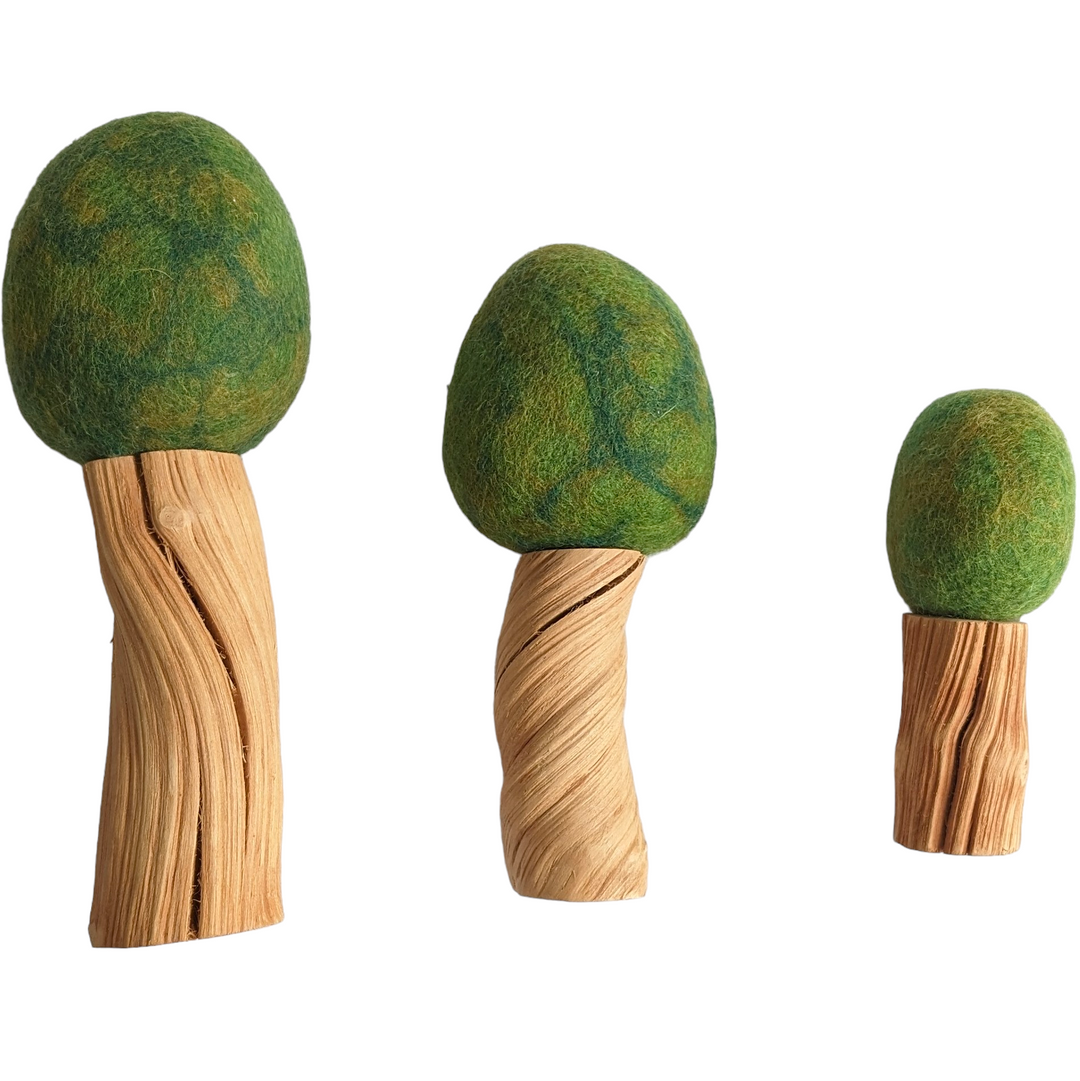 Papoose Toys, Summer Trees (Set of 3), Creative & Imaginative Play, Add texture and creativity to small world play with this wonderful 3 piece Papoose Toys Summer Trees Set – three trees representing the summer season with dark green coloured felted canopies and naturally twisted gnarly wooden trunks. These free standing woodland trees bring a beautiful natural element to a small world play scene or a wonderful decoration for the playroom shelf. Ethically made in Nepal.
