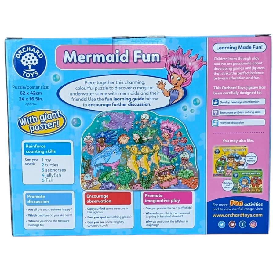 Orchard Toys, Mermaid Fun - 15 Piece Puzzle, Cognitive & Motor Skills Development, From the beautiful mermaids to the magical seahorses, there's lots to see as children piece together this enchanting underwater world. Mermaid Fun also includes a giant poster for added value which can be displayed and used to help complete the puzzle!

If you like mermaids, take a look at our Unicorns, Mermaids and More Colouring Book. 24 pages of magical characters with colourful stickers to match to each page.