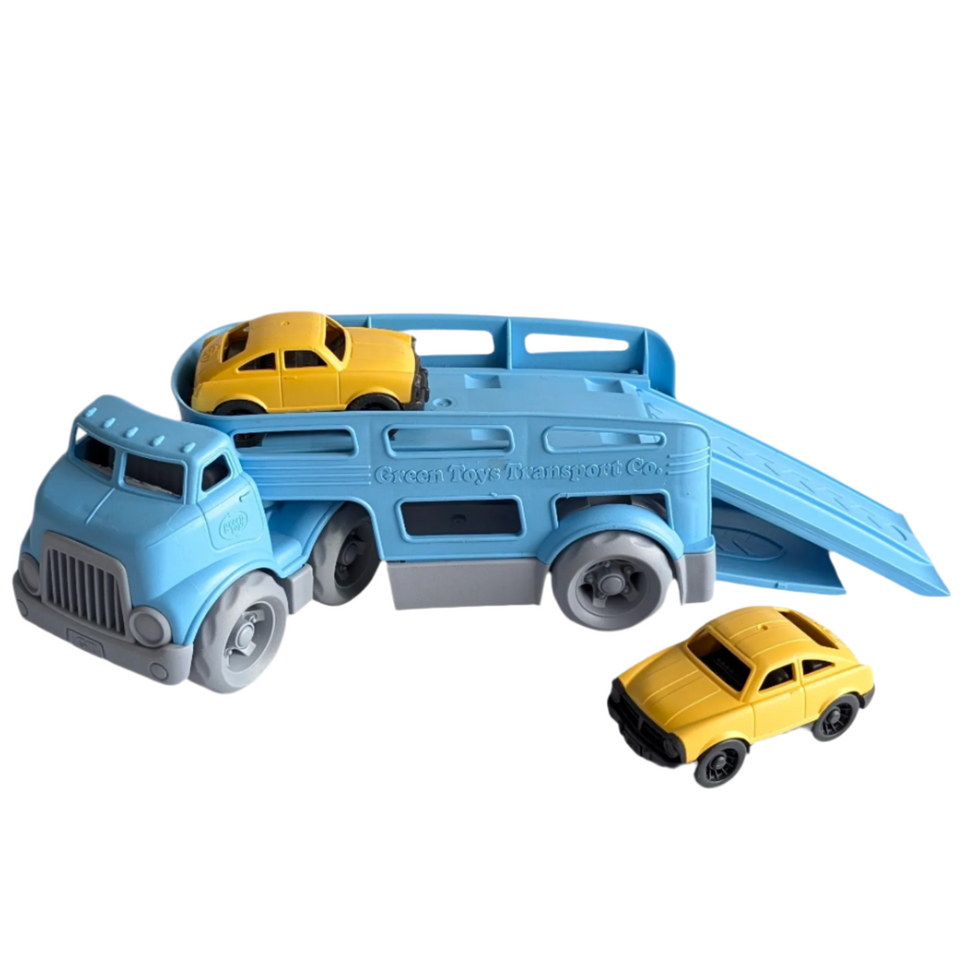 Green Toys, Car Carrier, Creative & Imaginative Play, Now is the moment to pack the Green Toys Vehicle! This set comes with vibrantly coloured Mini Cars and a cab with an attachable trailer. crafted in the USA using only recycled plastic; contains no PVC, BPA, or phthalates.