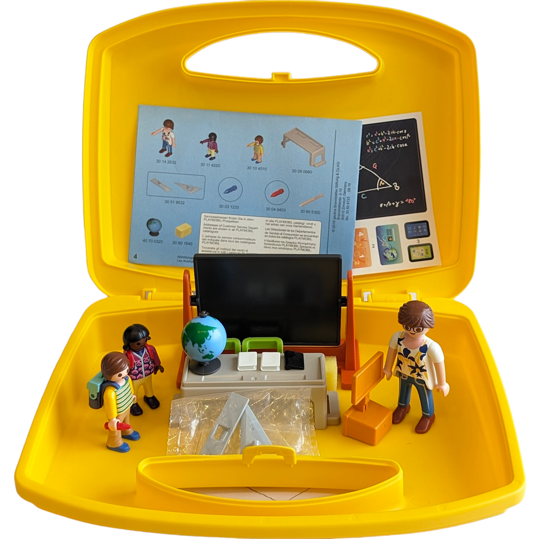 Playmobil, City life school carry case, Social & Emotional Development, Take-along learning fun with the School Carry Case. The travel-friendly playset features a swivelling blackboard, which can be written on using the included pencil. The writing can then be erased using the included sponge. The playset is complete with three figures, furniture and accessories.