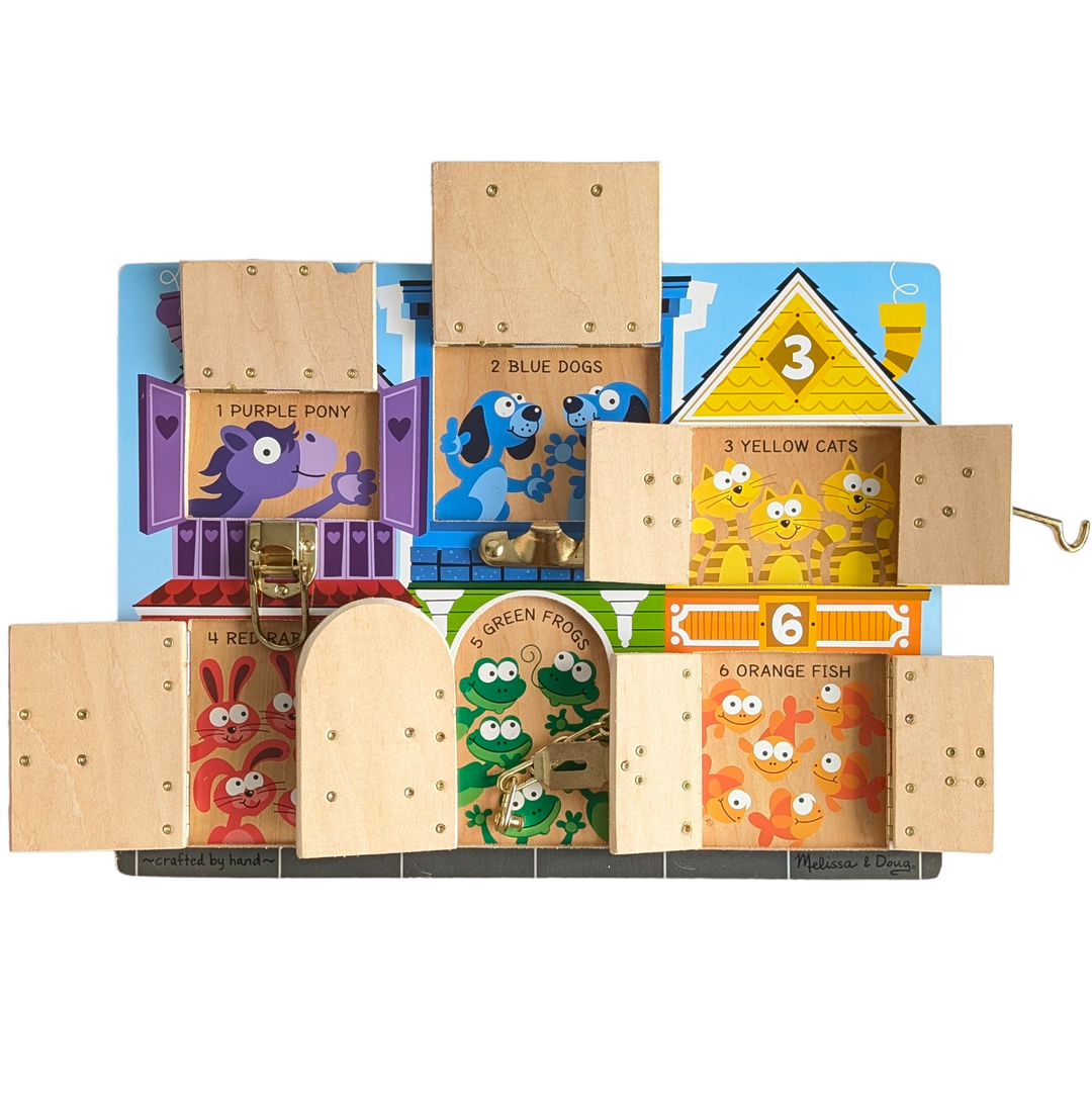 Melissa & Doug, Latches Board, Cognitive & Motor Skills Development, Which animal friends are hiding behind the colorful doors? Undo a lock or latch, swing open the numbered door or window, and count on finding fun when the animal picture beneath is revea