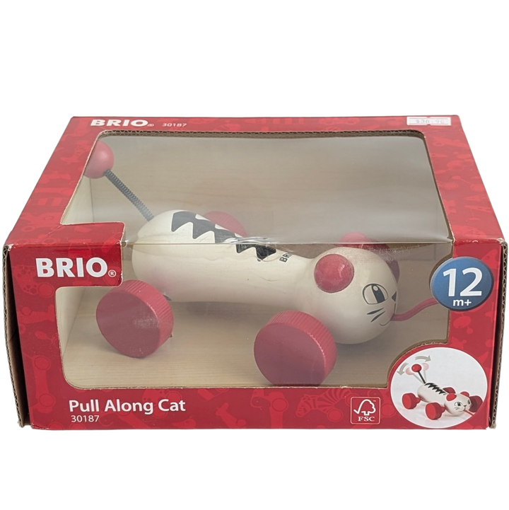 BRIO, Pull Along Cat, Cognitive & Motor Skills Development, The iconic BRIO Dachshund has a new best friend! And so do all you cat lovers out there. The Pull Along Cat is a curious fellow, rolling along with catlike movements and ready to pounce at new things to play with. Purrfect! Made of high quality material.