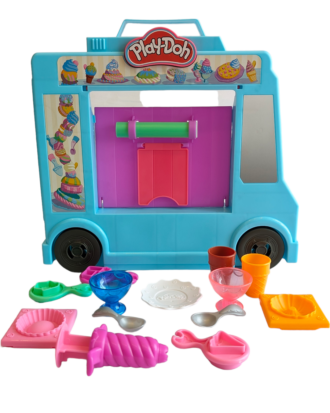 PlayDoh, Kitchen Creations Ice Cream Truck Toy PlaySet, Social & Emotional Development, Turn your play space into the ultimate Play-Doh ice cream truck party! This life size kitchen set gives kids a big space to express their big imaginations. Create so many pretend treats with the 27 tools and soft-serve station, customize the creations with the Play-Doh sprinkle maker, tools, and pretend candy molds, and check out customers at the register. 