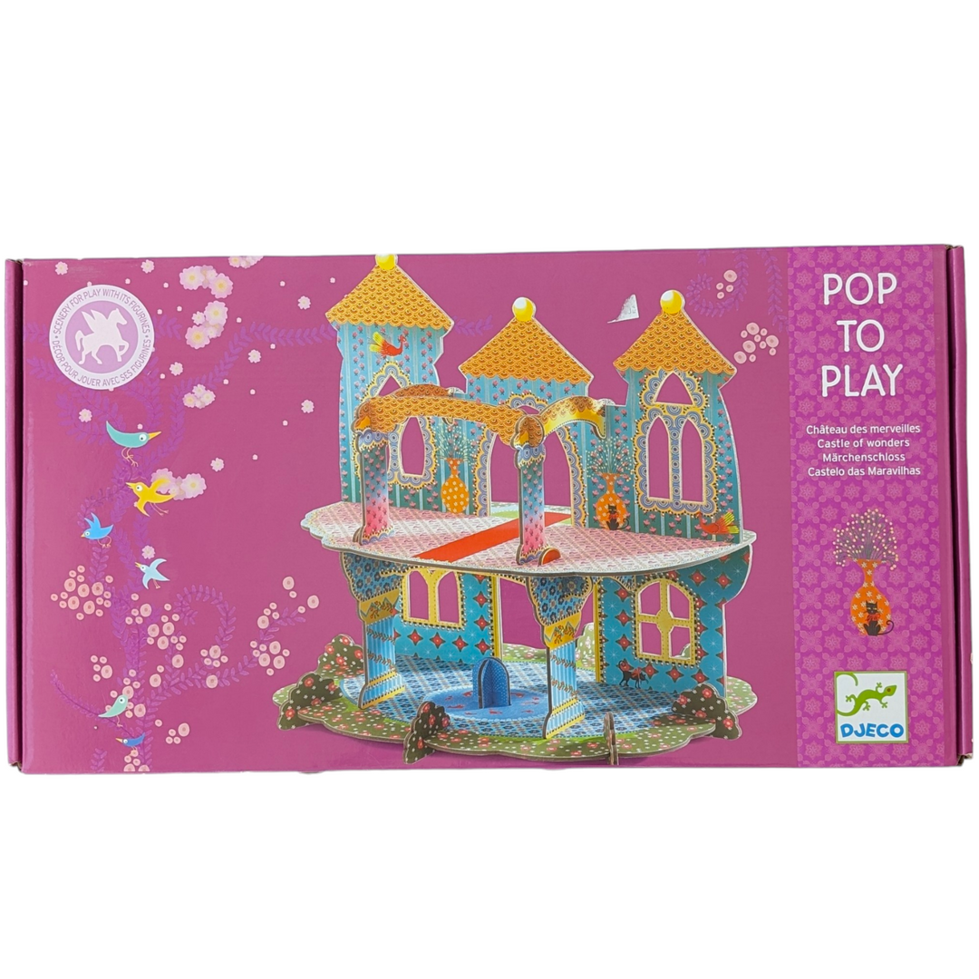 Djeco, Pop to play castle of wonders - 3D Puzzle, Cognitive & Motor Skills Development, These sturdy cardboard structures are easy to assemble and provide a very decorative backdrop to miniature role play games. Children can invent stories with their own figurines for hours of fun. This gorgeous castle of wonder makes a lovely home for a princess fairy family. Includes 27 pieces.

Assembled Size: approx 34 x 25 x 35cm

Suitable for ages 4+.

Made of heavy duty cardboard.