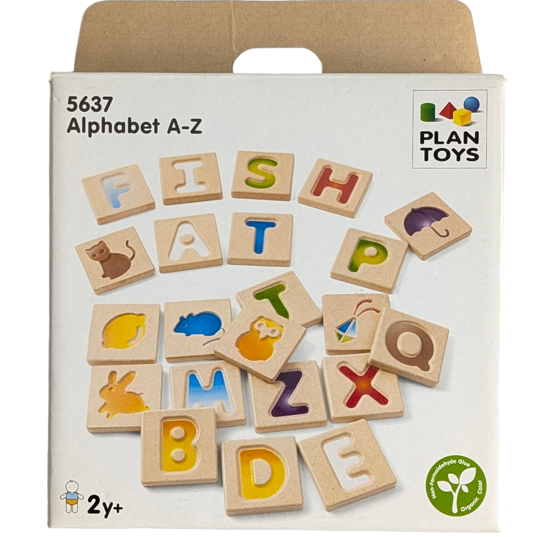 PlanToys, Alphabet A-Z 5637, Sensory & Language Development, Develop your fundamental skills with this alphabet set. The two-sided wooden tiles feature 26 intended capital letters and pictures of objects that correspond to the letter. Trace the letters with your finger and expand your vocabulary! Made in PlanWood.