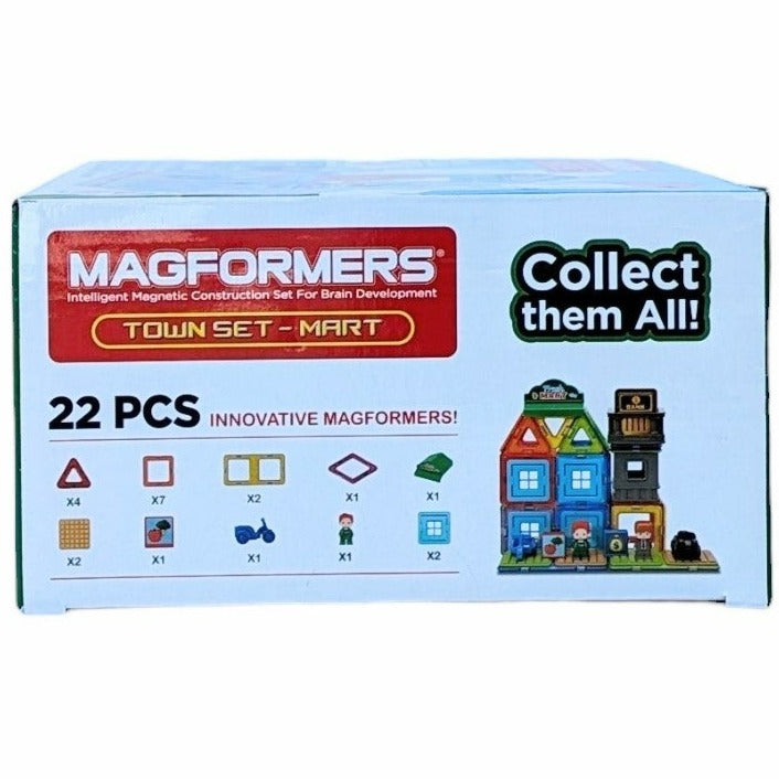 Magformers, Town Set - Mart, STEM & Critical Thinking, Create 3D Structures From 2D Nets With Magformers Mart Set. Build Your Own Farmers Market And Sell Your Produce. This Set Includes 22 Pieces. 7 Squares, 4 Triangles, 2 Rectangles, 1 Rhombus, 1 Mart Sign, 2 Base Plates, 1 Vegetable Block, 1 Mini Bike, 1 Grocer, And 2 Wall Plates.