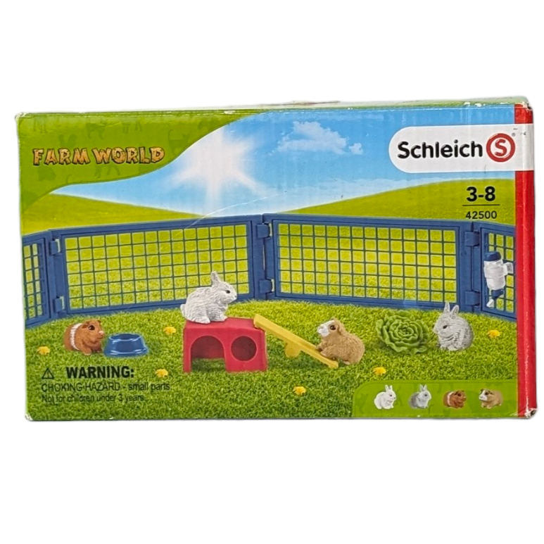 Schleich, Farm World 42500, Social & Emotional Development, There's plenty to discover in the rabbit and guinea pig hutch from the schleich® FARM WORLD. The animals hide in their hutch, suck at their drink bottle, nibble the lettuce or walk over the rocking toy. This also serves as a practical ramp that they can use to climb or hop onto the roof of their hutch. The fence sections can be connected in any way or combined with other schleich® fences.