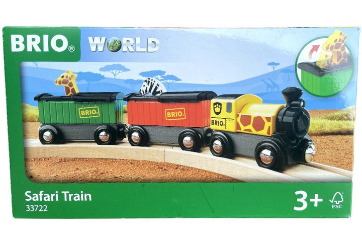 BRIO, Safari Train, Cognitive & Motor Skills Development, Transport the giraffe and zebra along the tracks with this colourful safari train. The animals pop their heads up and down when you slide the roof top from side to side. The animals are attached inside the train.