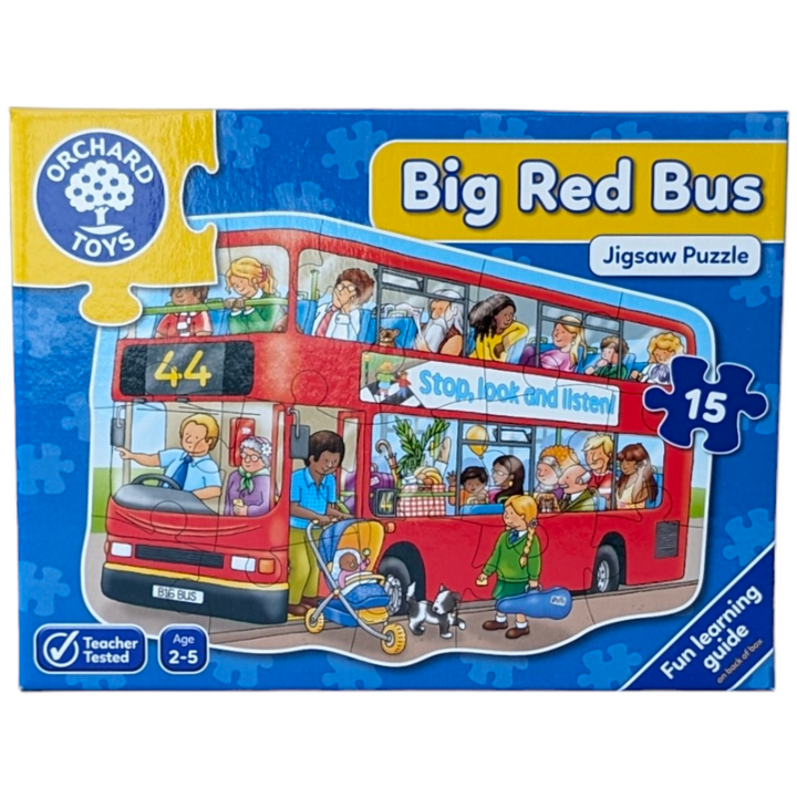 Orchard Toys, Big Red Bus - 15 Piece Puzzle, Cognitive & Motor Skills Development, All aboard this big red bus! A bright and colourful puzzle with lots of interesting passengers to observe and talk about.

Big Red Bus includes a fun learning guide on the back of the box, which features different discussion points to talk about once the puzzle has been completed. This includes questions to encourage observation, develop counting and discuss position e.g. How many wheels can you see? Who is getting off the bu