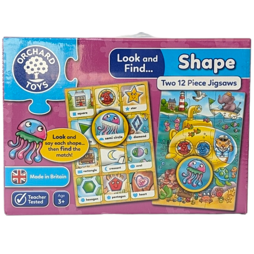 Orchard Toys, Look and Find Shape Puzzles, Cognitive & Motor Skills Development, Two colourful activity jigsaws in one box, perfect for ages 3 and over! children can use the shapes puzzle to learn and identify a variety of different shapes. They can then find matching shapes in the fun underwater animal scene. As well as developing shape recognition, these chunky puzzles encourage observation and children will enjoy looking at what is happening in the beautifully illustrated animal scene.