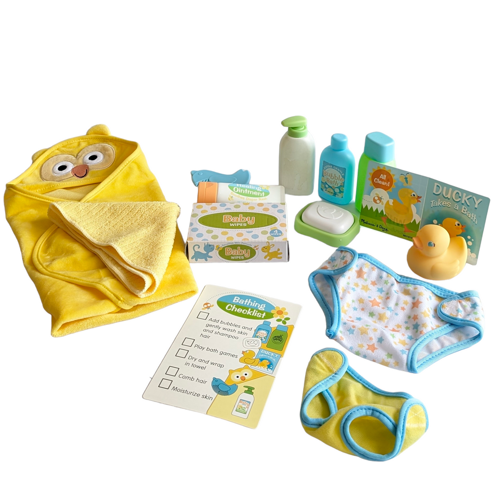 Melissa & Doug, Mine to Love Changing & Bathtime Play Set, Social & Emotional Development, When it's time for kids to get their special babies clean and cuddly, this 19-piece set offers the perfect selection of realistic bathing and diaper-changing accessories sized just right for dolls and stuffed animals! Pretend to get baby squeaky clean with shampoo and bubble bath bottles and soap in a dish, dry off with the adorable owl-hooded towel, clean and soothe bottoms with a washcloth