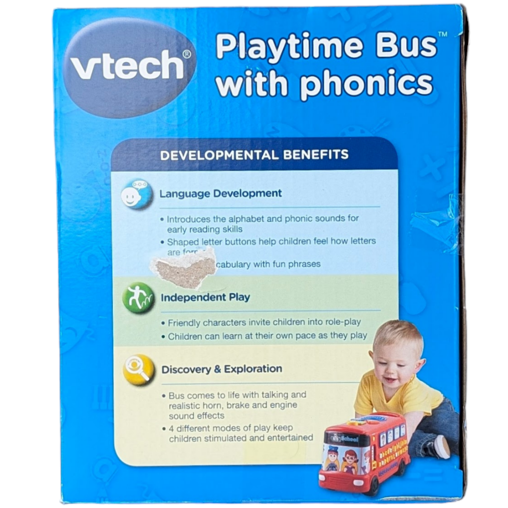 VTech, Playtime bus with Phonics, Sensory & Language Development, Interactive talking bus teaches phonics, letter names and numbers through 4 modes of play. Select your destination from the school, zoo or train station to hear a sing-along song or fun phrase. Chunky buttons on the top of the bus call out shapes while the smiling passengers say funny phrases when pressed. Features a wide selection of musical melodies in various styles and fun sound effects including horn, brake and accelerator!